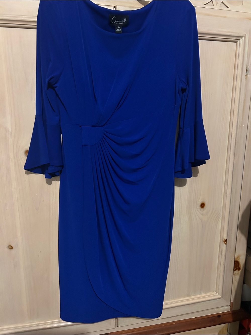 connected apparel cobalt blue draped midi dress